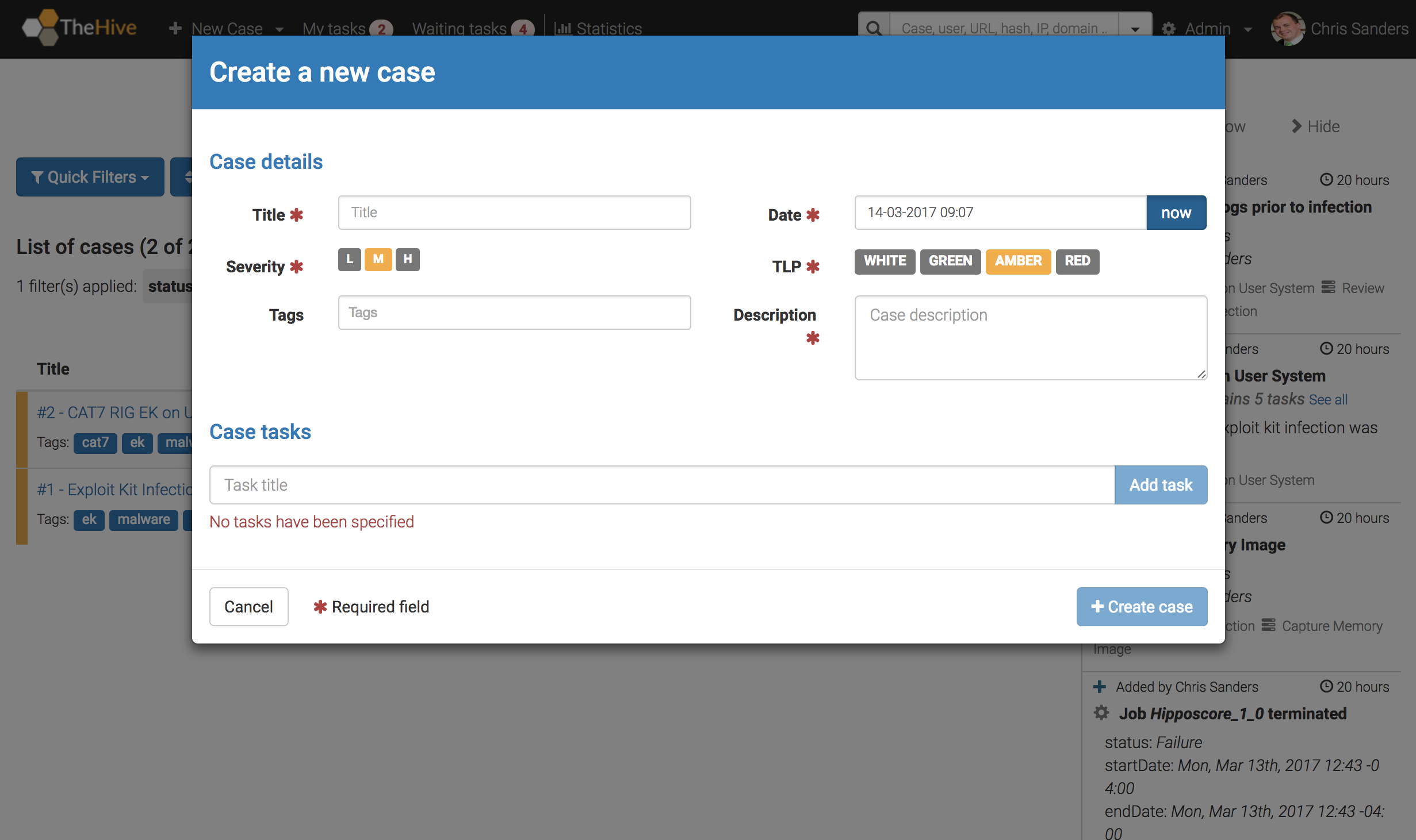 Ticketscloud билеты. Добавление панели THEHIVE. Open Case severity field form